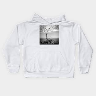 the lone raven is sitting in the dead tree Kids Hoodie